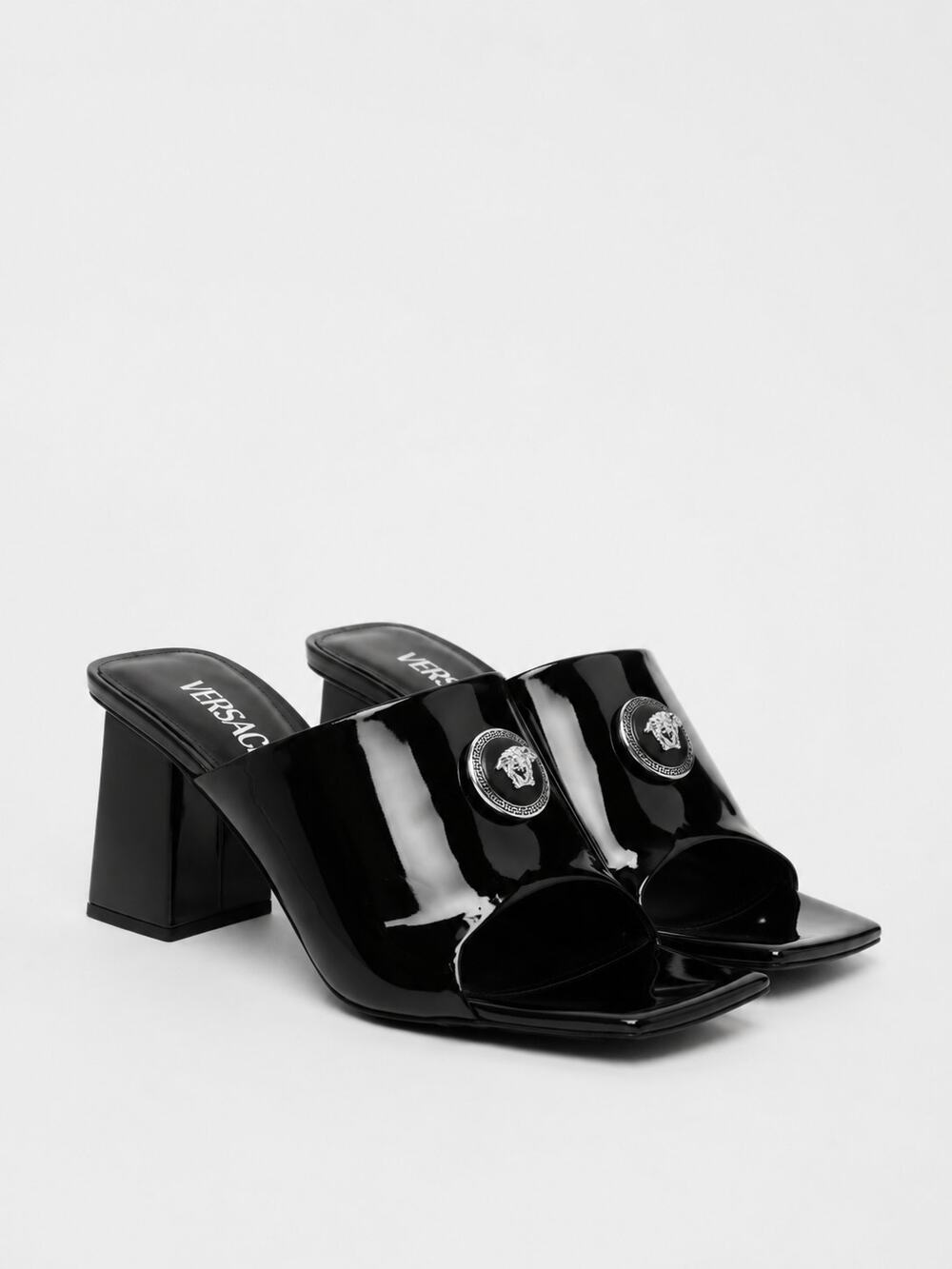 Versace Medusa Black Patent Leather Mules 38